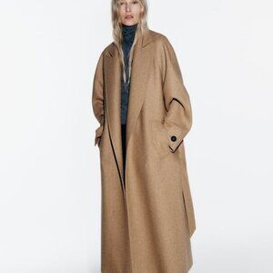 Zara Long Belted Wool Blend Coat in Taupe Brown (XS)